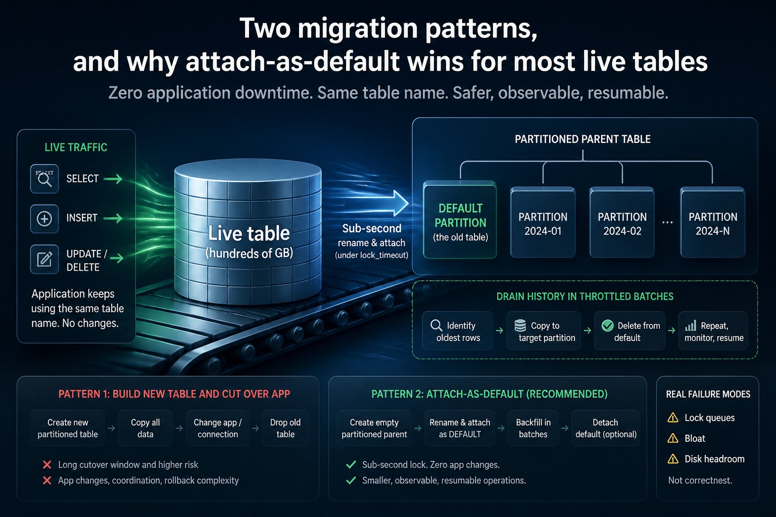 Two migration patterns, and why attach-as-default wins for most live tables