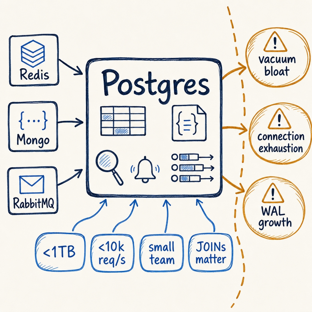 Consolidating Redis, Mongo, and RabbitMQ into Postgres is the right call when yo