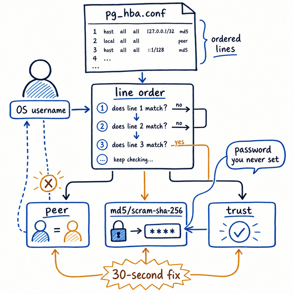 The 'password you never set' prompt isn't a bug — it's pg_hba.conf doing exactly