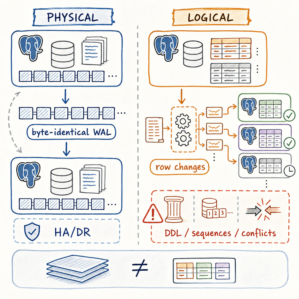 Physical and logical replication solve different problems at different layers of
