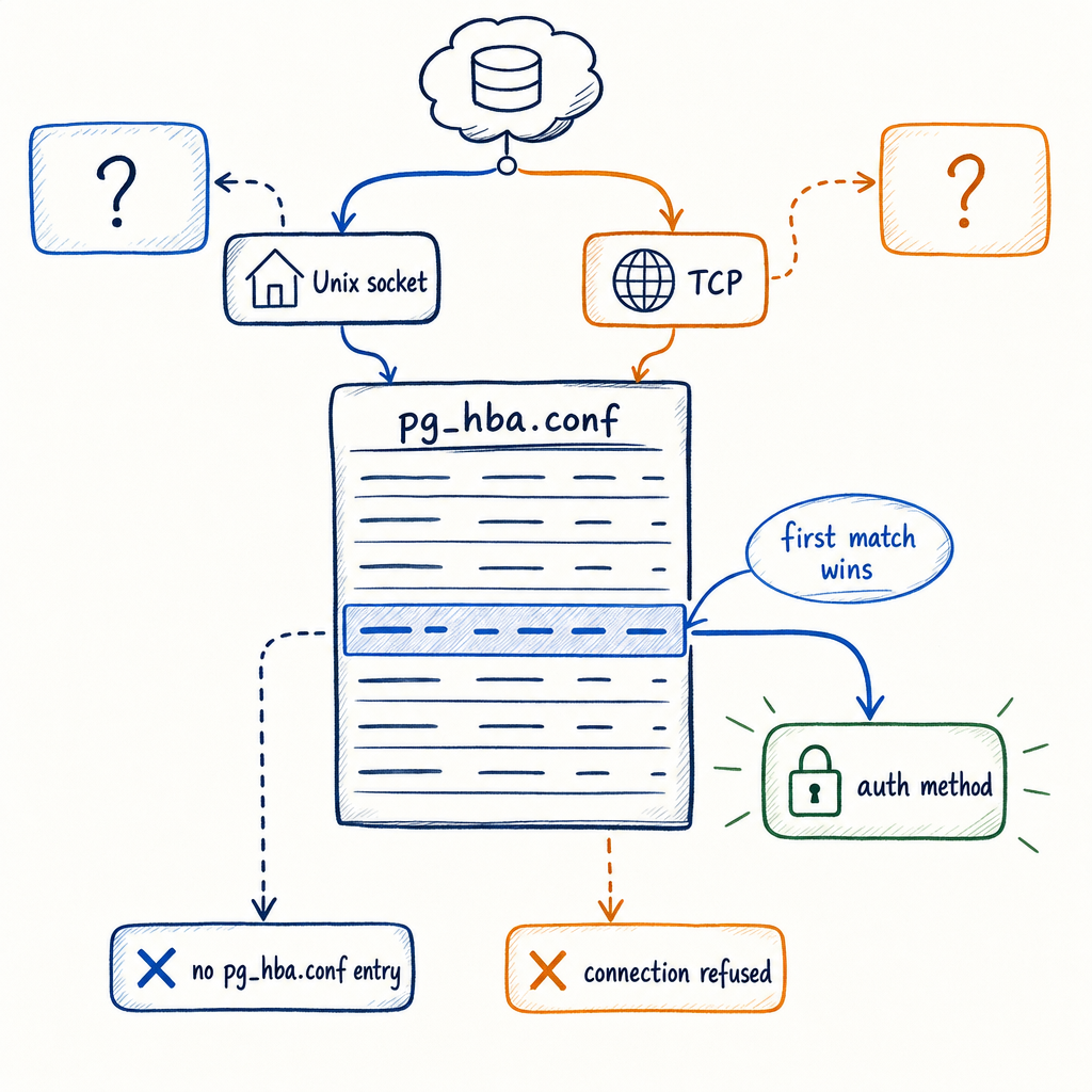 Almost every 'connection refused', 'no pg_hba.conf entry', or password-prompt-hangs-in-CI failure traces back to one of